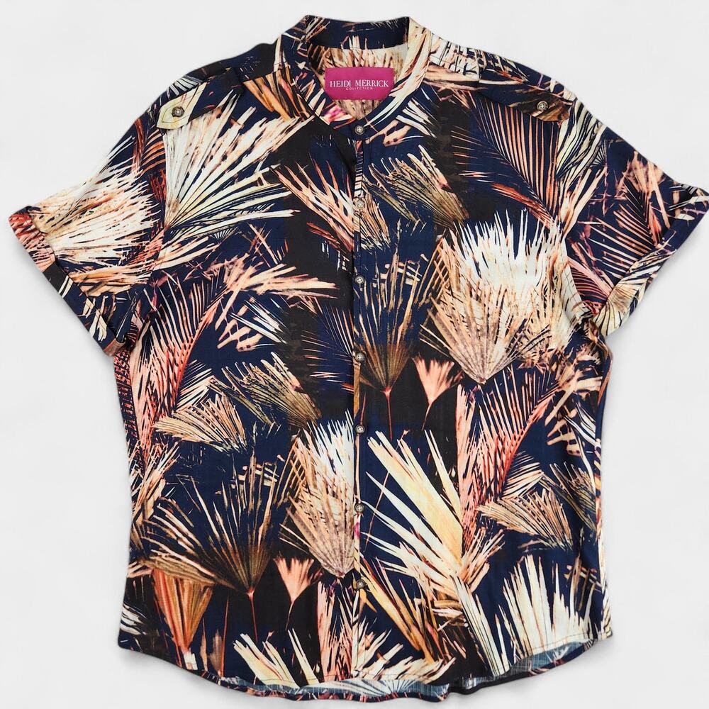 Heidi Merrick Palm Print Shirt Women's Large Multicolor Band Collar Linen